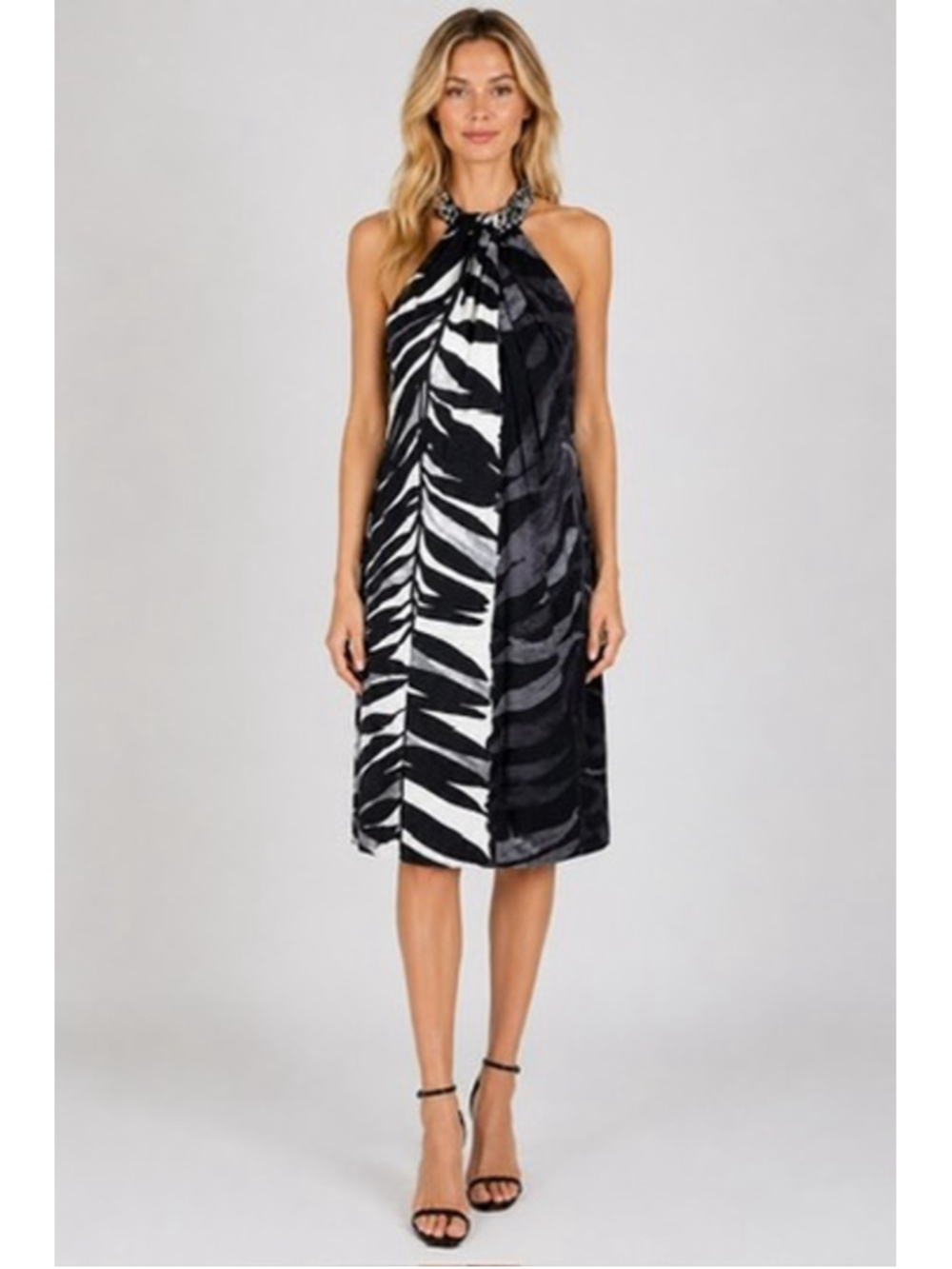 Carmen Marc Valvo Bead Halter Silk Dress Tropical Print Evening Cocktail Size 10